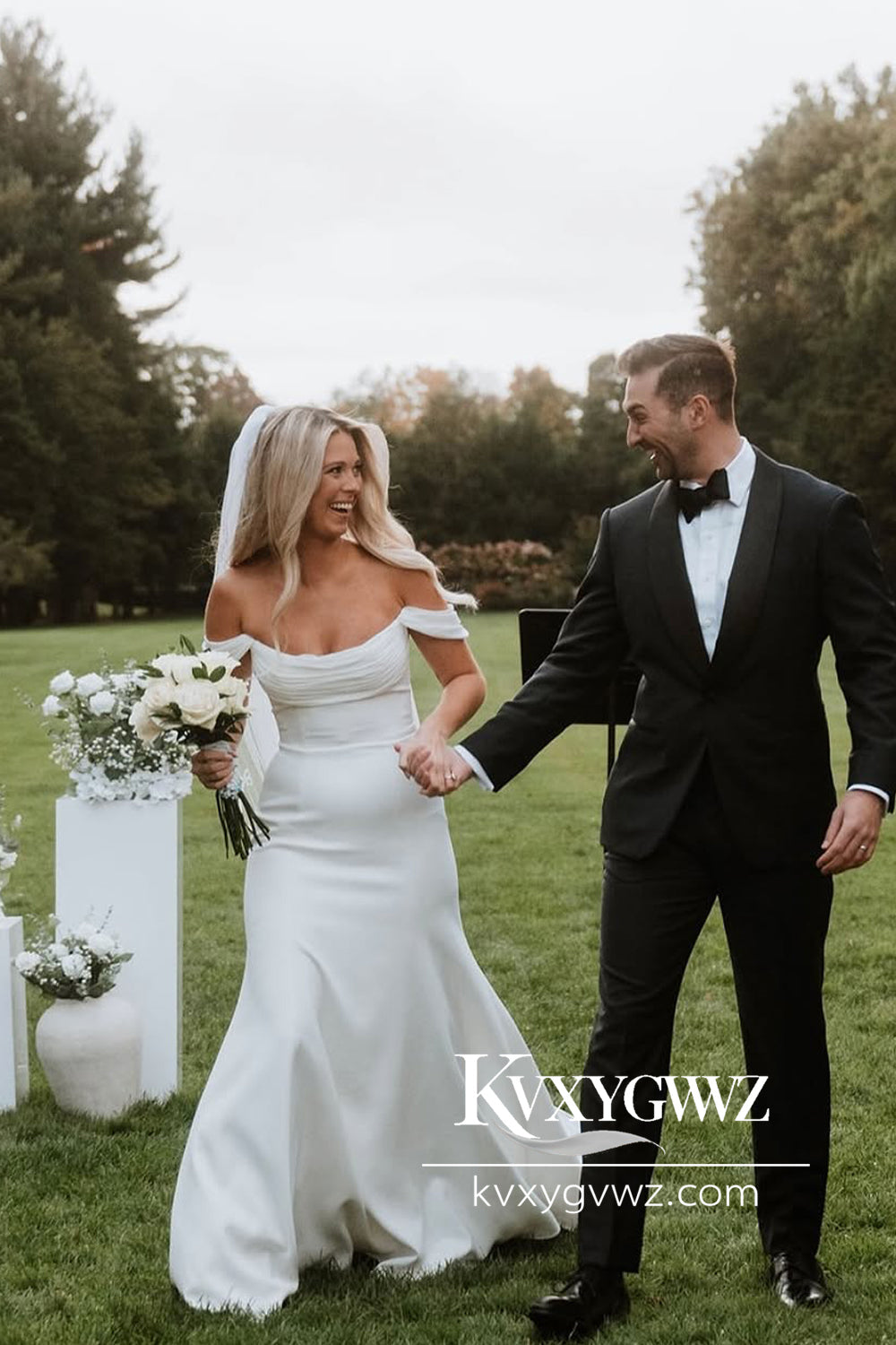 Modern Mermaid Off the Shoulder Satin Long Wedding Dresses Gown HS790