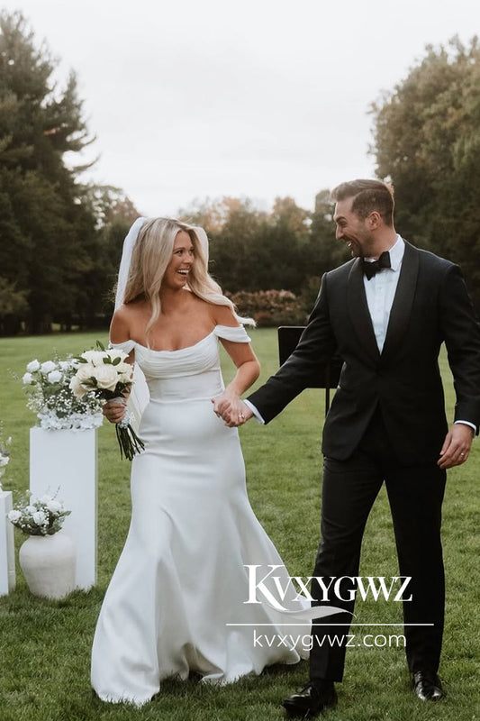 Modern Mermaid Off the Shoulder Satin Long Wedding Dresses Gown HS790