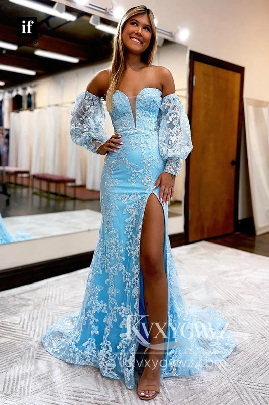 Stunning Mermaid Sweetheart Evening Gown Light Blue Lace Long Prom Dress LF793