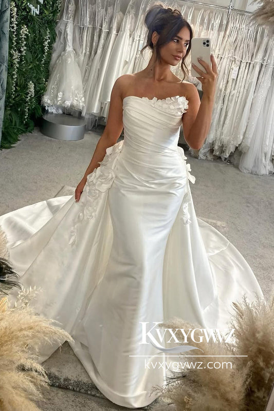 Dazzling Mermaid Strapless Satin Wedding Dresses Gown with Flowers HS793