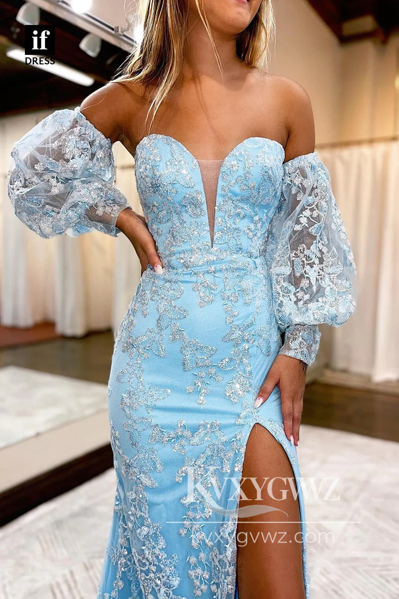 Stunning Mermaid Sweetheart Evening Gown Light Blue Lace Long Prom Dress LF793