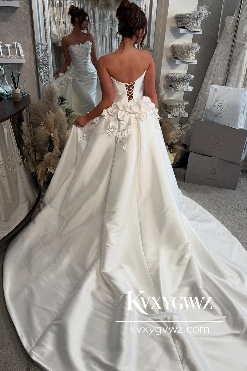 Dazzling Mermaid Strapless Satin Wedding Dresses Gown with Flowers HS793