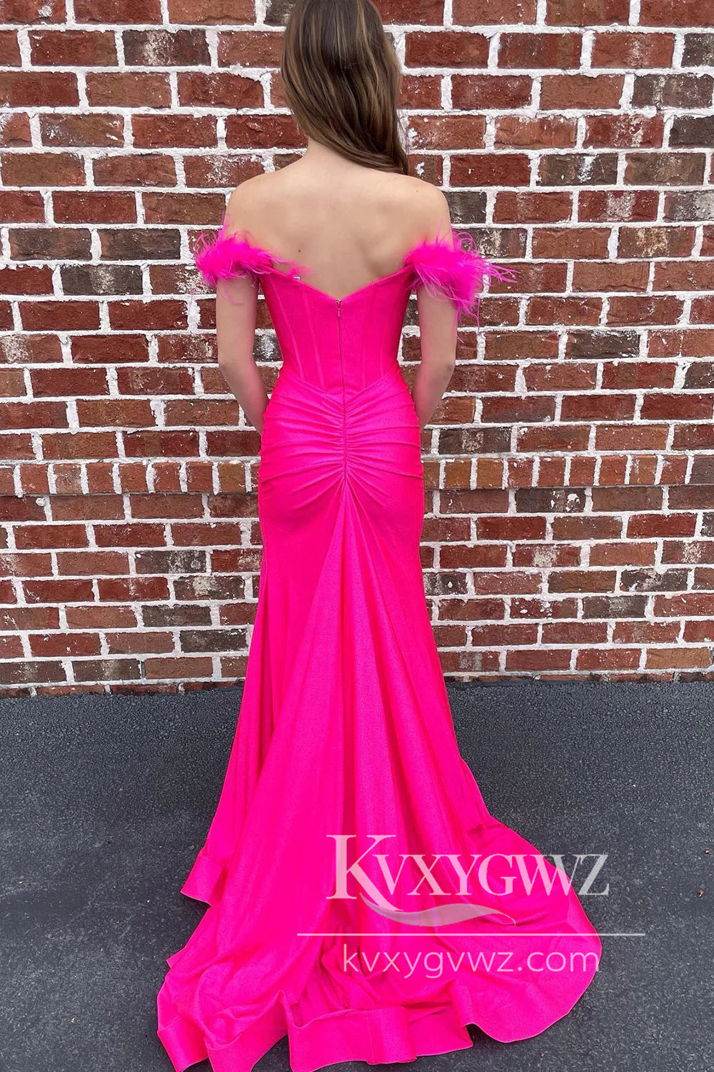 Off The Shoulder Hot Pink Evening Gown Mermaid Long Prom Dress with Feathers LF794