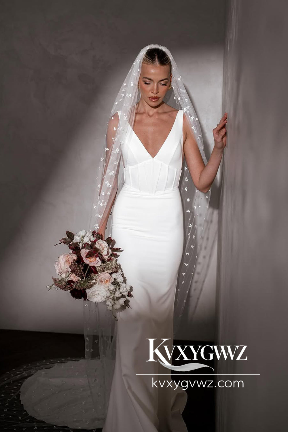 Mermaid Deep V Neck White Satin Wedding Dresses Gown With Sweep Train HS794