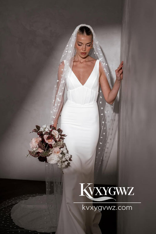 Mermaid Deep V Neck White Satin Wedding Dresses Gown With Sweep Train HS794