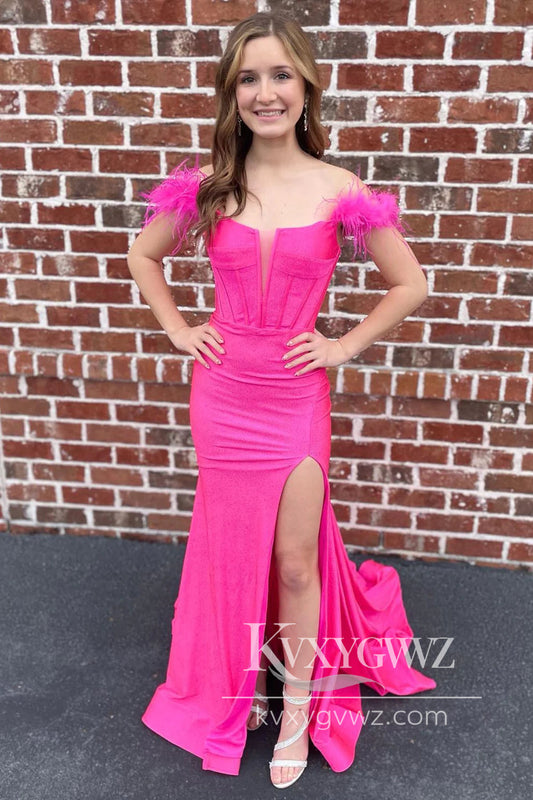 Off The Shoulder Hot Pink Evening Gown Mermaid Long Prom Dress with Feathers LF794