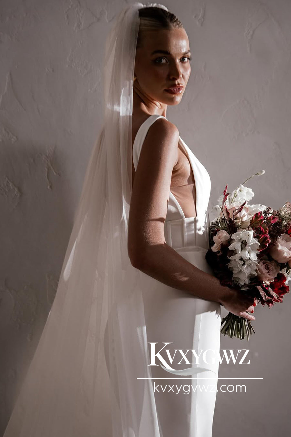 Mermaid Deep V Neck White Satin Wedding Dresses Gown With Sweep Train HS794
