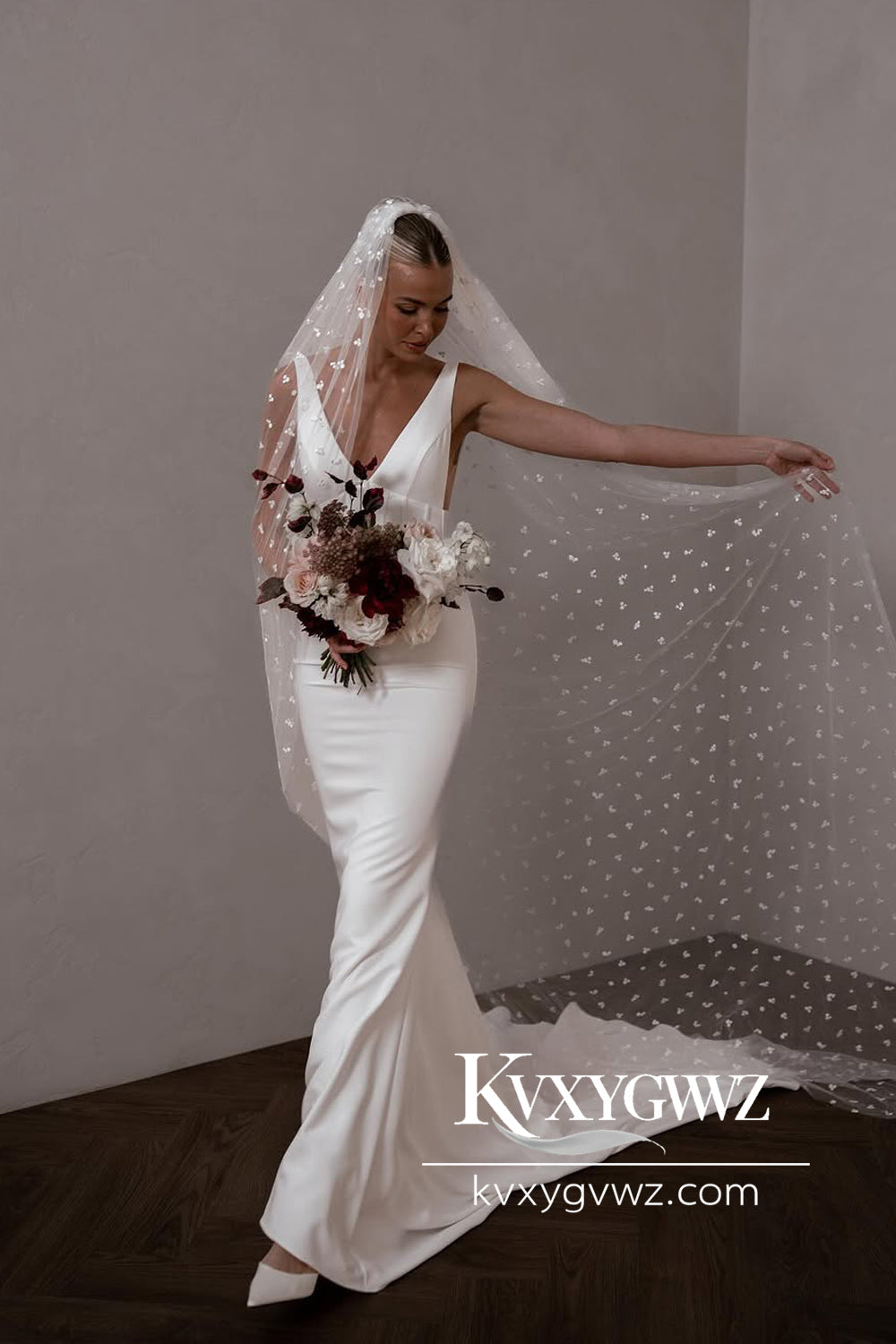 Mermaid Deep V Neck White Satin Wedding Dresses Gown With Sweep Train HS794