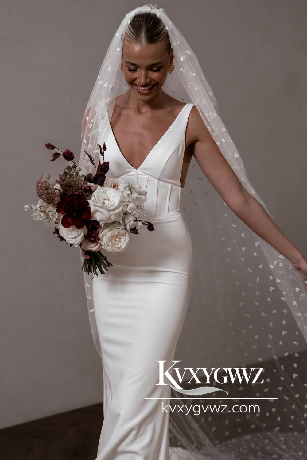 Mermaid Deep V Neck White Satin Wedding Dresses Gown With Sweep Train HS794