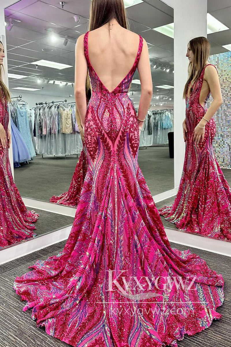 Glitter V Neck Hot Pink Evening Gown Sequin Lace Mermaid Long Prom Dress LF795