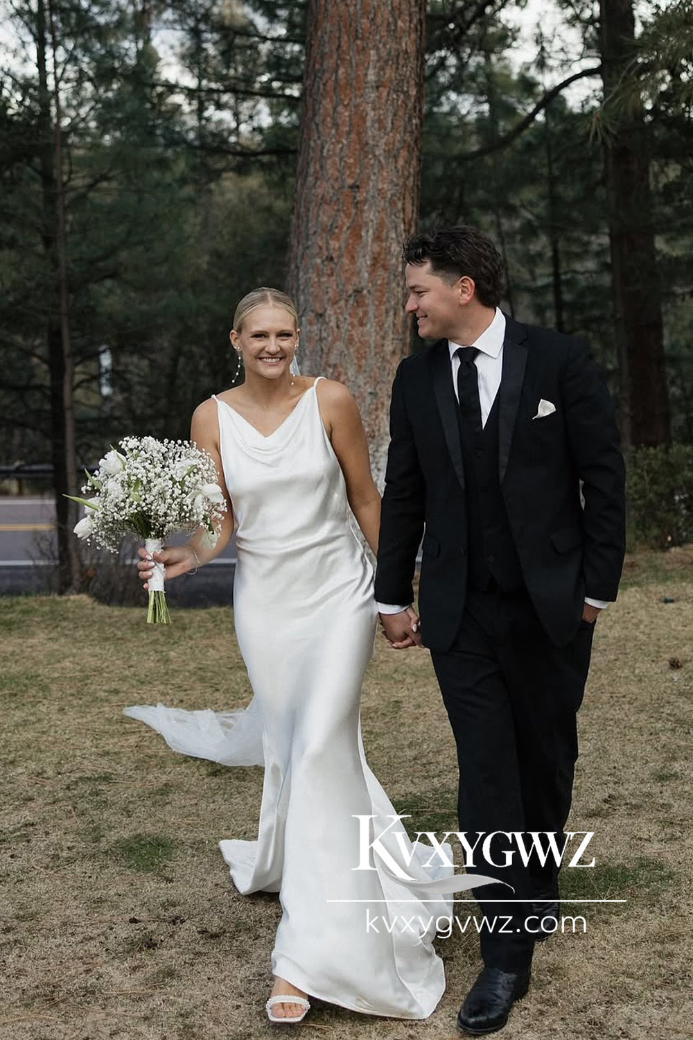 Romantic Cowl Neck Mermaid Silk Satin Wedding Dresses Gown With Sweep Train HS795