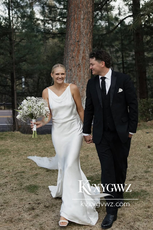 Romantic Cowl Neck Mermaid Silk Satin Wedding Dresses Gown With Sweep Train HS795
