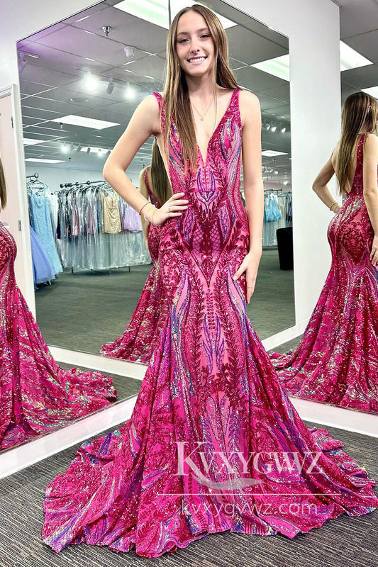 Glitter V Neck Hot Pink Evening Gown Sequin Lace Mermaid Long Prom Dress LF795
