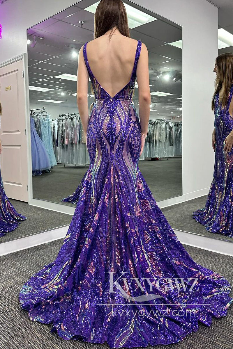 Glitter V Neck Hot Pink Evening Gown Sequin Lace Mermaid Long Prom Dress LF795