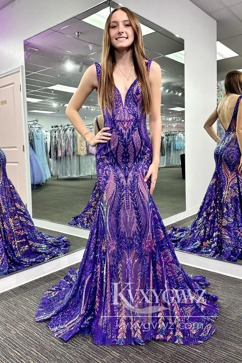 Glitter V Neck Hot Pink Evening Gown Sequin Lace Mermaid Long Prom Dress LF795