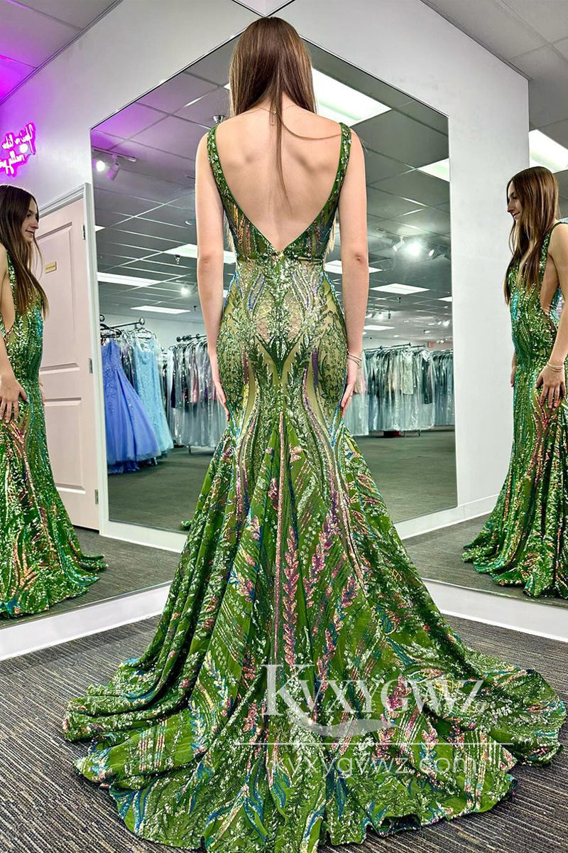 Glitter V Neck Hot Pink Evening Gown Sequin Lace Mermaid Long Prom Dress LF795