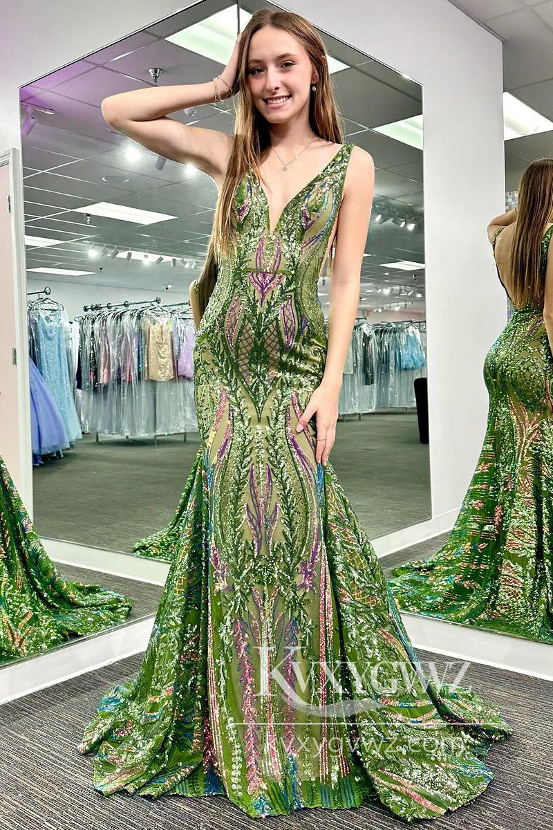 Glitter V Neck Hot Pink Evening Gown Sequin Lace Mermaid Long Prom Dress LF795