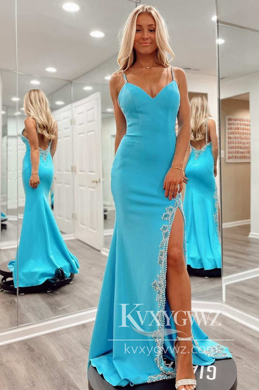 Spaghetti Strap Mermaid V Neck Light Blue Evening Gown Satin Beaded Long Prom Dress LF796