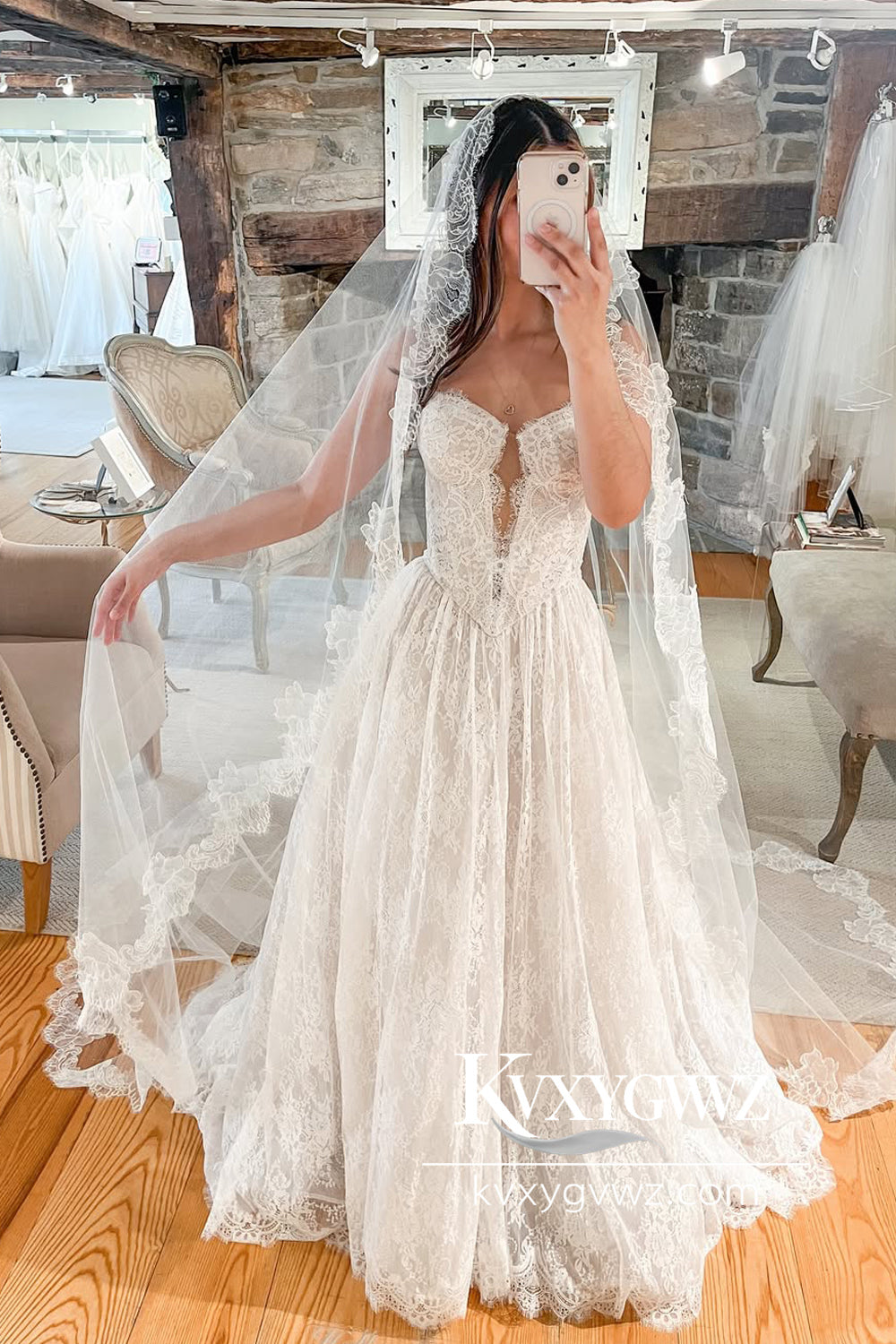 Pastoral Style A-Line V Neck Ivory Lace Wedding dresses With Sweep Train HS796