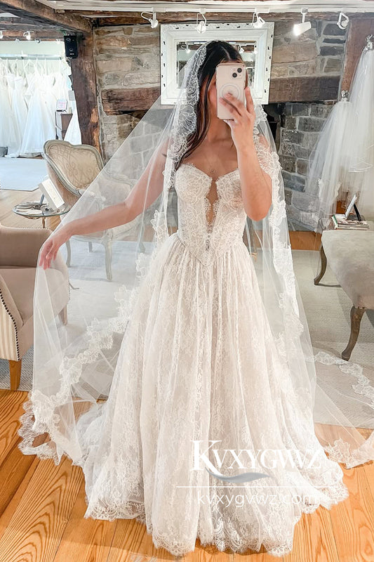 Pastoral Style A-Line V Neck Ivory Lace Wedding dresses With Sweep Train HS796