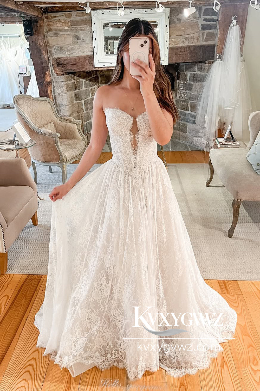 Pastoral Style A-Line V Neck Ivory Lace Wedding dresses With Sweep Train HS796