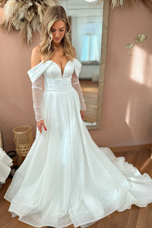 Bohemian Off the Shoulder Sequins Wedding Dresses Gown with Long Sleeves HS868