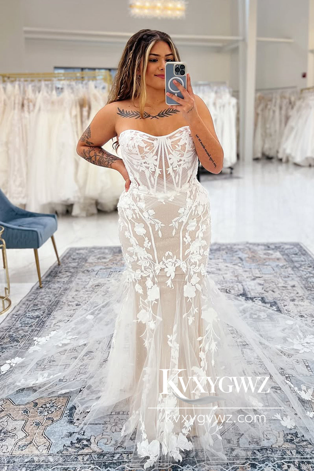 Mermaid Strapless Ivory Tulle Lace Wedding Dresses Gown With Sweep Train HS797