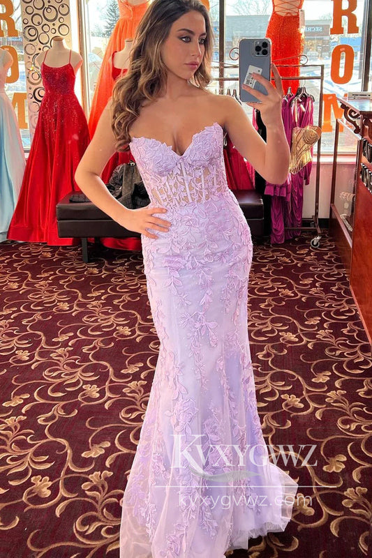 Stunning Mermaid Sweetheart Evening Gown Lavender Long Prom Dress with Appliques LF798