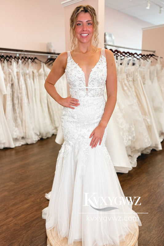 Mermaid V Neck White Tulle Wedding Dresses Gown with Appliques HS798