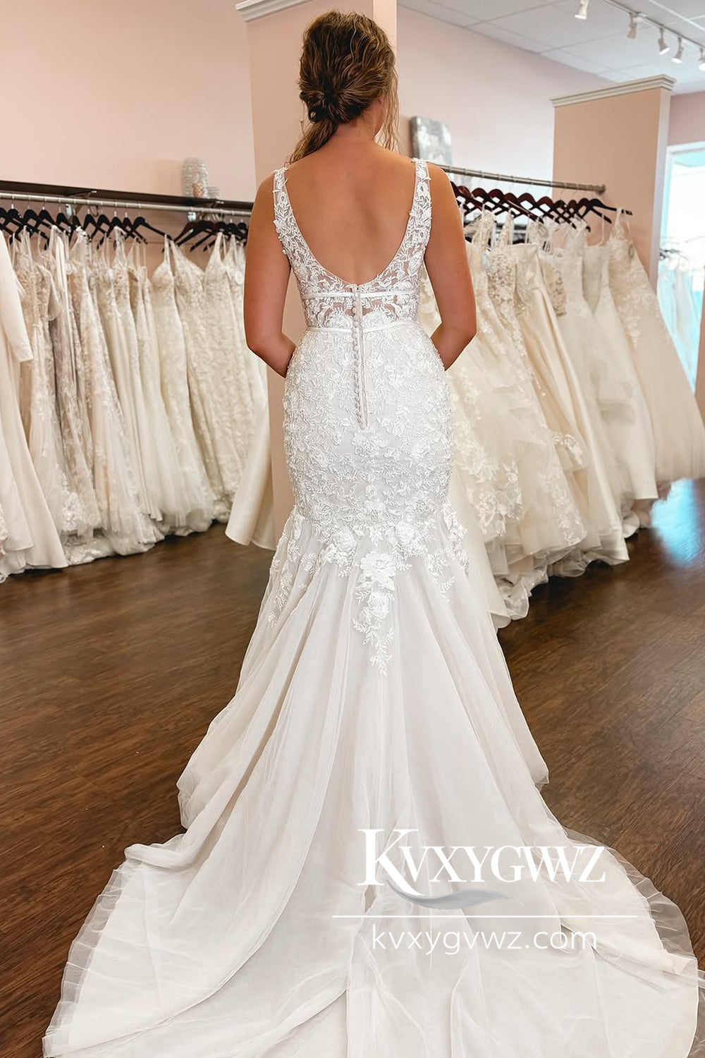 Mermaid V Neck White Tulle Wedding Dresses Gown with Appliques HS798