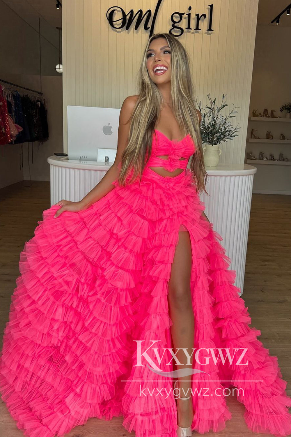 Stunning Mermaid Evening Gown Sweetheart Hot Pink Tulle Long Prom Dress with Slit LF799