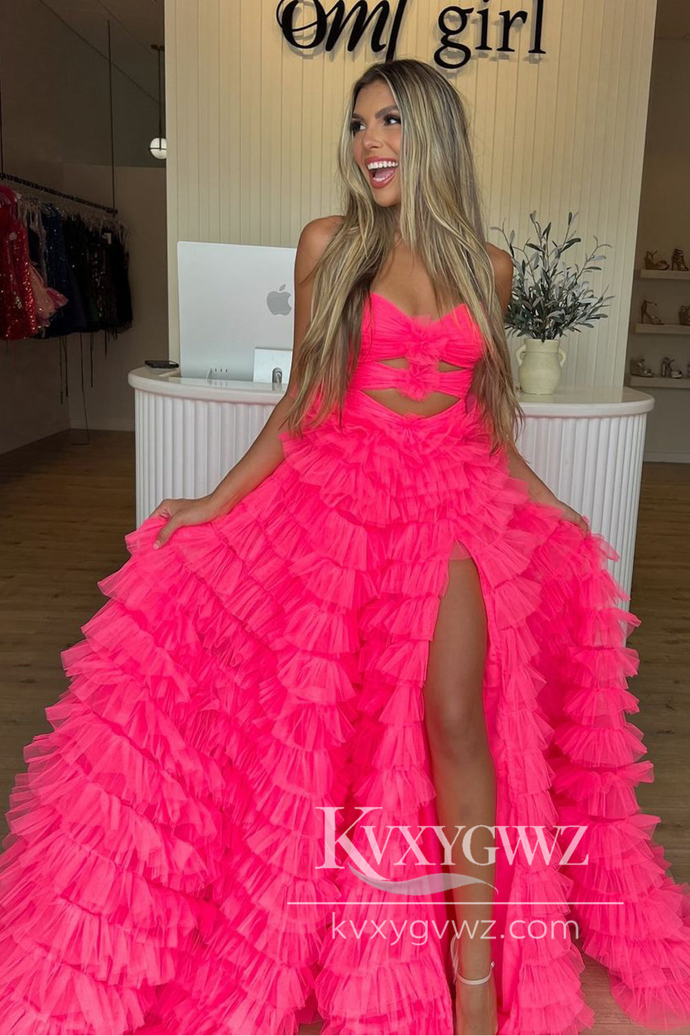 Stunning Mermaid Evening Gown Sweetheart Hot Pink Tulle Long Prom Dress with Slit LF799