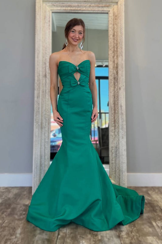Mermaid Strapless Green Satin Keyhole Long Prom Dress Gown LF1314