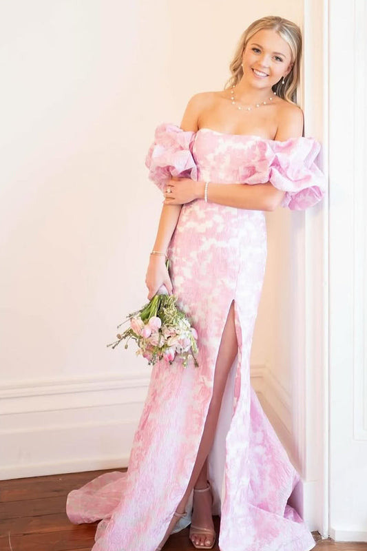 Mermaid Strapless Pink Floral Printed Long Prom Dress Gown with Sleeves LF1319