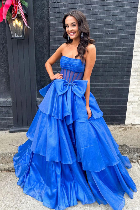 Ball Gown Strapless Royal Blue Organza Long Prom Dress Gown with Bow LF1240