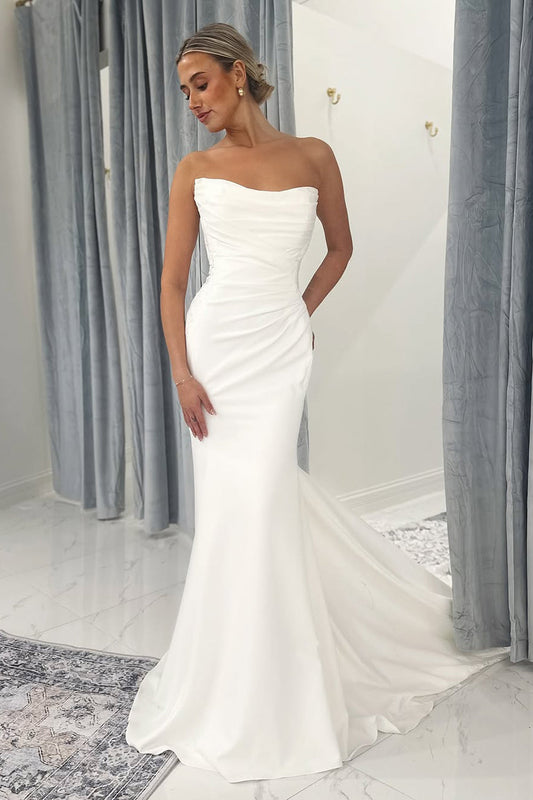 Mermaid Strapless White Satin Wedding Dresses Gown with Lace Appliques HS821