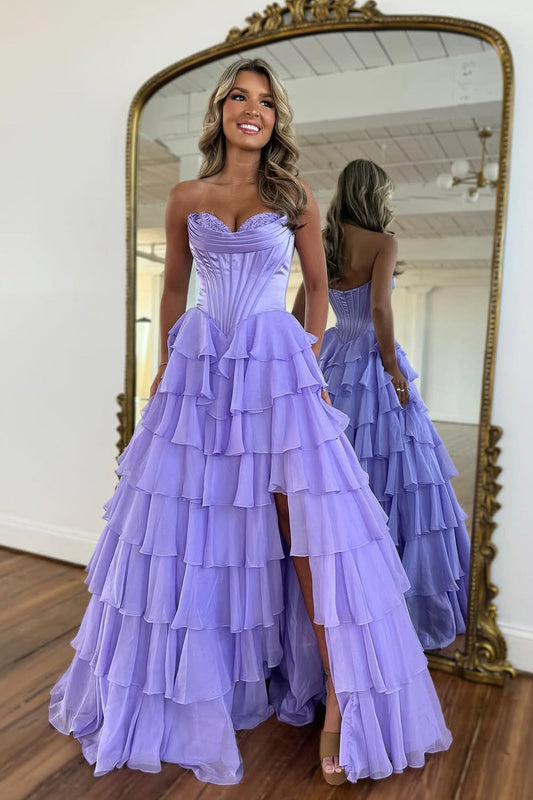 A-Line Strapless Lilac Ruffle Tiered Long Prom Dress Gown with Slit LF1346