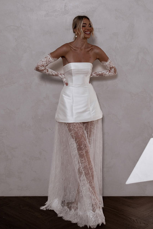 Modern Sheath Strapless Satin Short Wedding Dresses Gown with Lace HS876