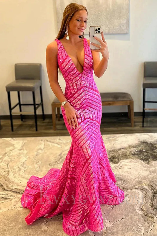 Fuchsia Deep V Neck Sequin Mermaid Prom Dress LF008