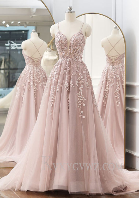 A-line V Neck Spaghetti Straps Sweep Train Tulle Prom Dress With Appliqued Beading LF080