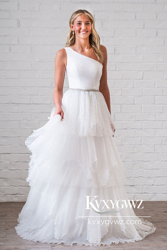 Ball Gown One Shoulder White Ruffle Tiered Tulle Wedding Dresses Gown With Sweep Train HS800