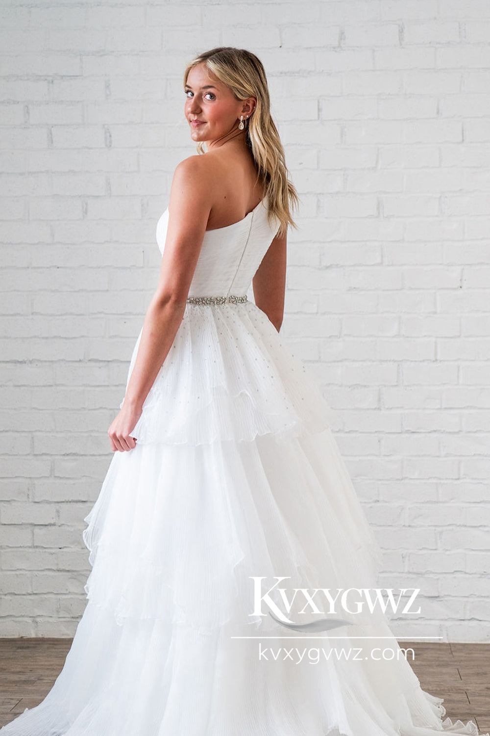 Ball Gown One Shoulder White Ruffle Tiered Tulle Wedding Dresses Gown With Sweep Train HS800