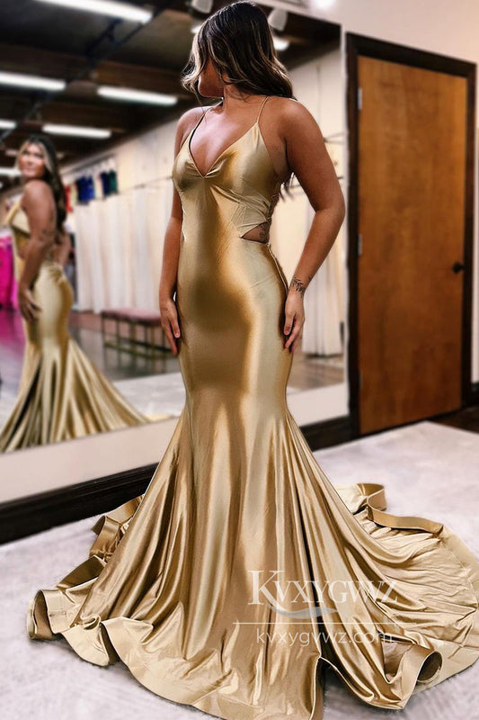 Spaghetti Strap Golden Evening Gown Satin V Neck Cutout Mermaid Prom Dress LF801
