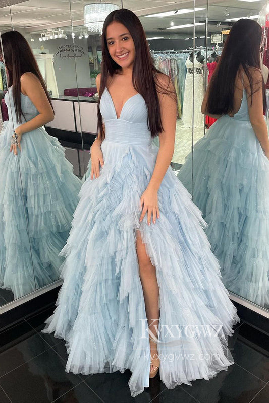 Light Blue Spaghetti Straps Evening Gown Tiered Tulle Long Prom Dress With Slit LF802