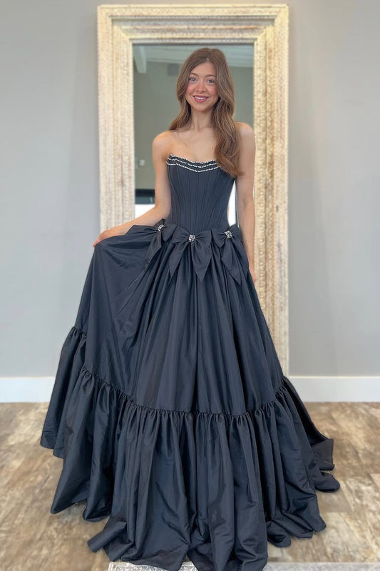 Ball Gown Strapless Black Satin Long Prom Dress Gown with Bowknots LF1332