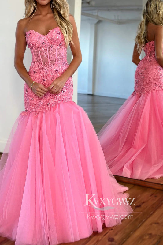Glitter Pink Corset Sweetheart Evening Gown Tulle Mermaid Long Prom Dress LF803