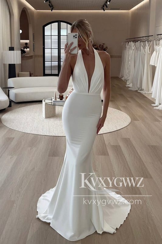 Graceful Mermaid V Neck Elastic Satin Long Wedding Dresses Gown With Sweep Train HS803