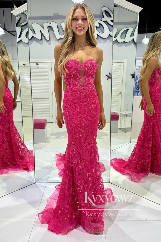 Fuchsia Sweetheart Evening Gown Tulle Lace Long Prom Dress with Appliques LF804