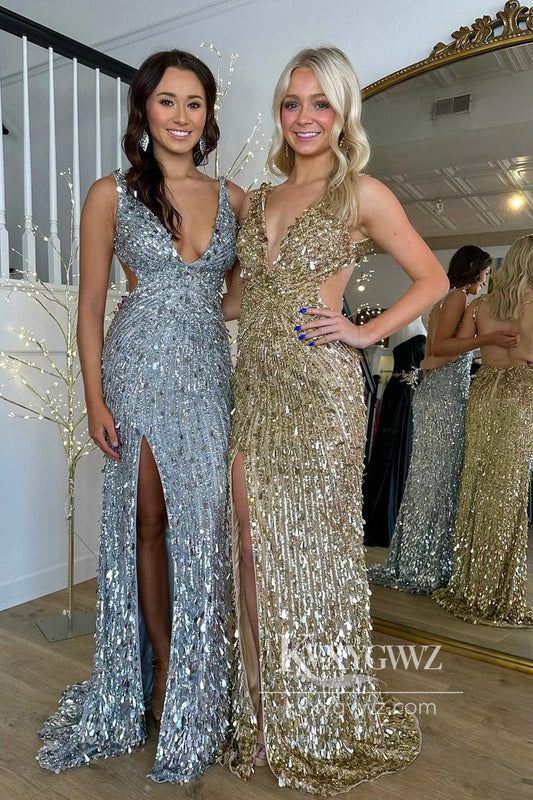 Dazzling Gold Sequins Mermaid Long Prom Dress Gown with Slit with Beading LF806