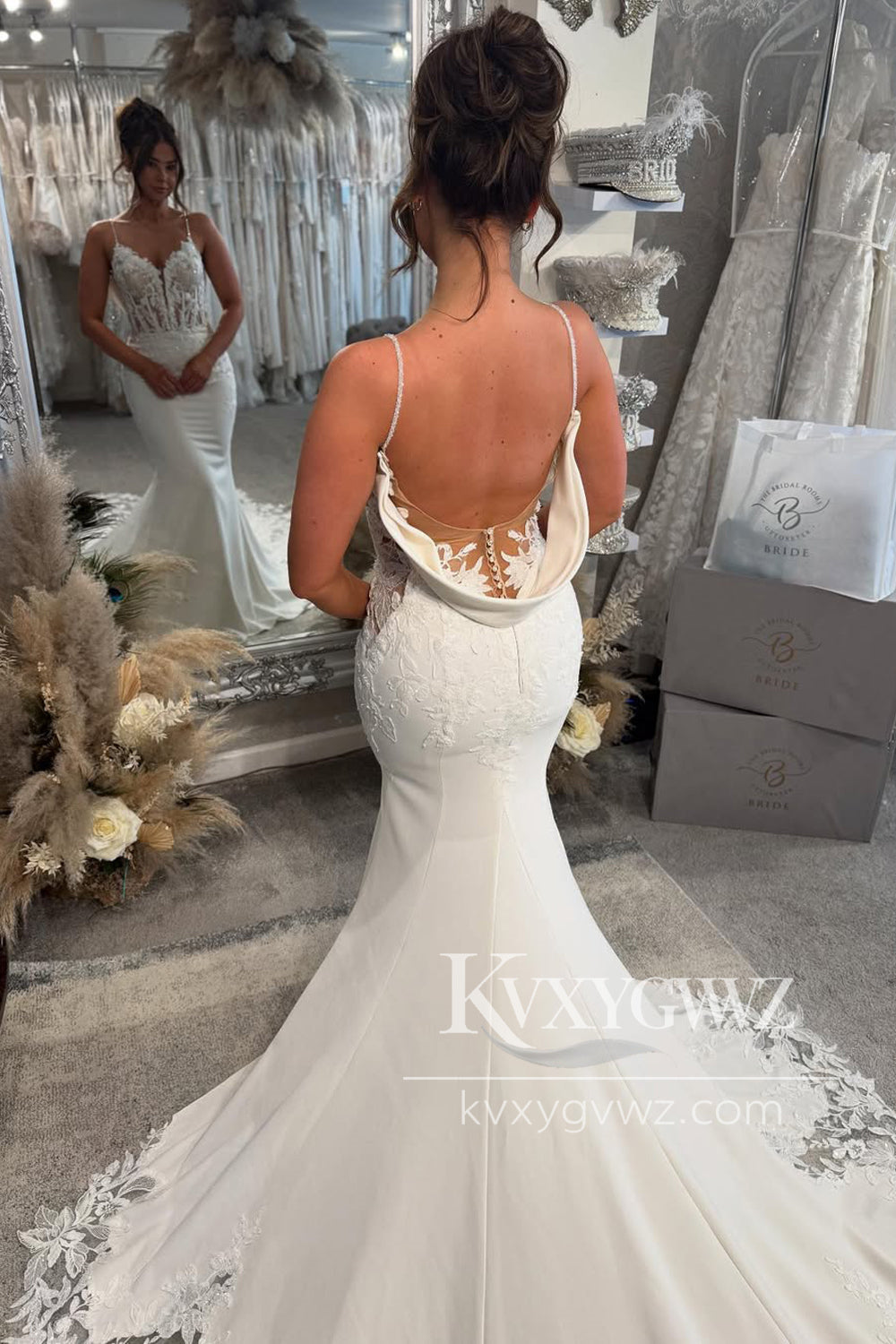 Bohemian Mermaid V Neck Satin Long Wedding Dresses Gown with Appliques HS806